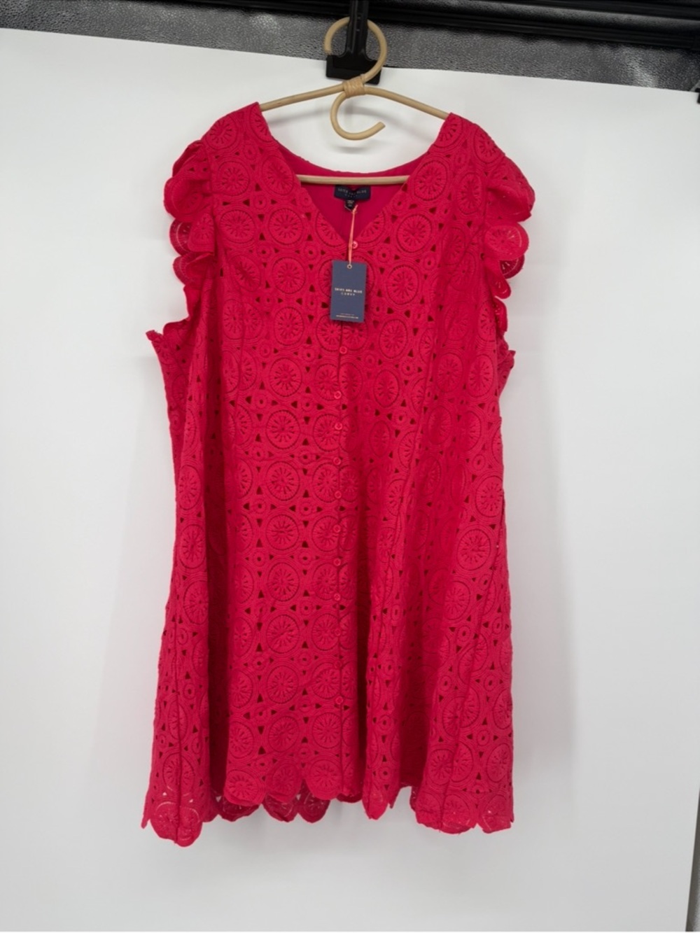 Skies are Blue Raspberry Sorbet Ruffle Sleeve Button Front Knee Length Dress NEW - Picture 3 of 15